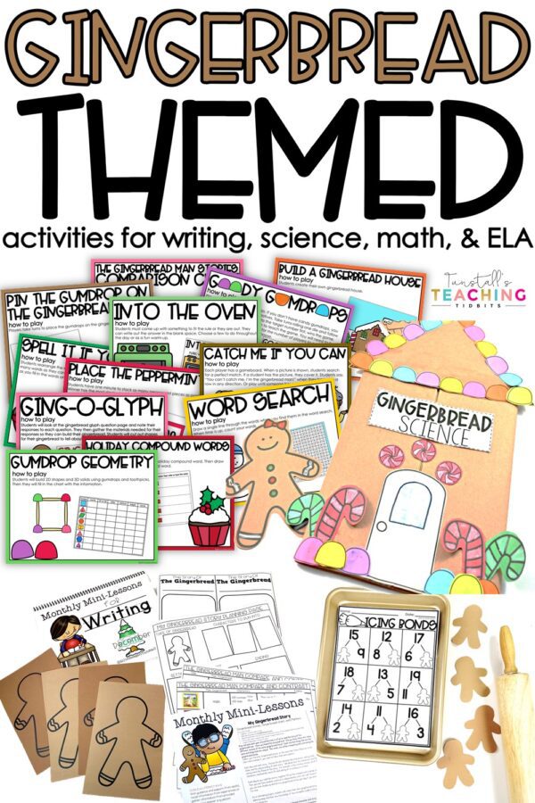 gingerbread themed activities for writing, science, math, and ELA